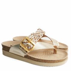MEPHISTO HEIKE TWIST VEGA LEATHER GOLD FLIP-FLOPS WITH BUCKLE FOR WOMEN