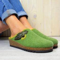 BIOLINE WOMEN'S HOUSE SLIPPERS IN WOOL AND CORK SOLE GREEN